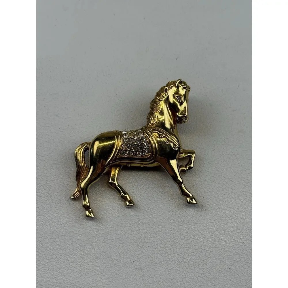 Swarovski Swan Logo Prancing Horse Clear Crystal Gold Tone Brooch